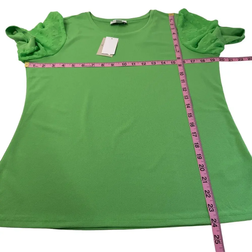 Carmen‎ Womens Blouse Large Green Sheer Puff Sleeve Mixed Media Stretch Knit Top - Picture 10 of 10